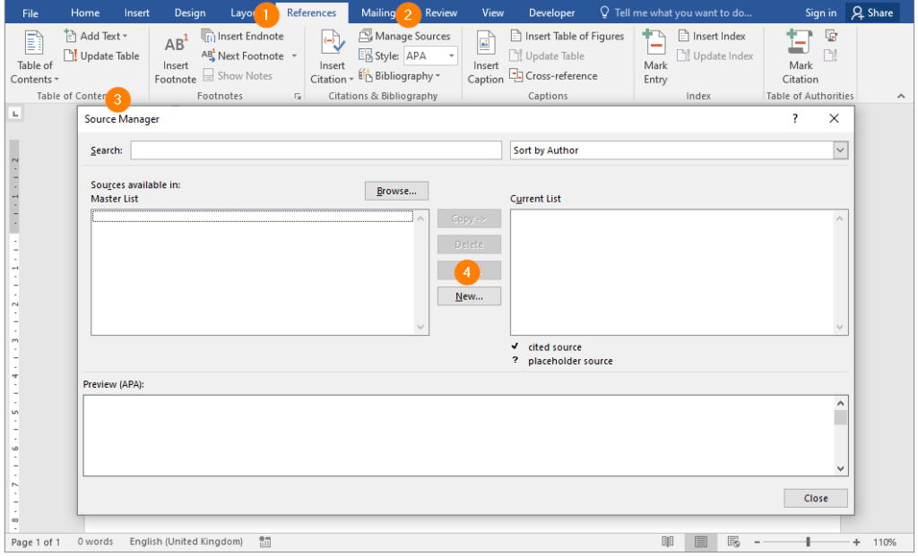 Annotated screenshot of theSource Manager dialog window in Microsoft Word 2016.